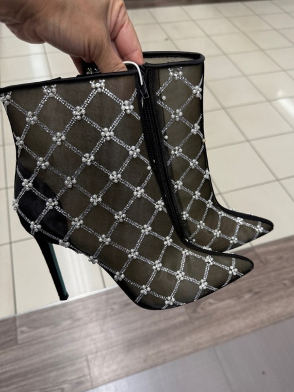 Betsey Johnson Black Mesh Crystal Grid Ankle Boots